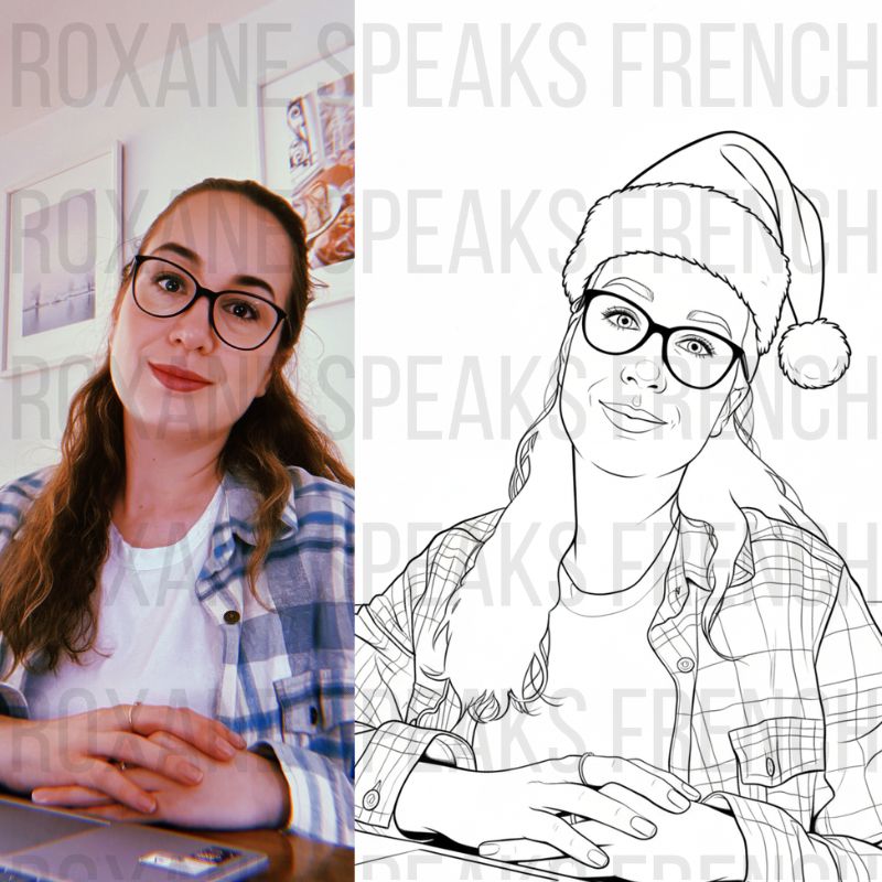 Before and after side-by-side comparison showing original photo of woman with glasses and plaid shirt converted into custom Christmas coloring page with Santa hat—demonstrating custom portrait coloring page design service with holiday customization option.