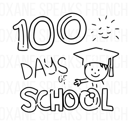 100 Days of School SVG design with playful lettering, a smiling student in a graduation cap, and bold outlines, perfect for crafting and classroom decor