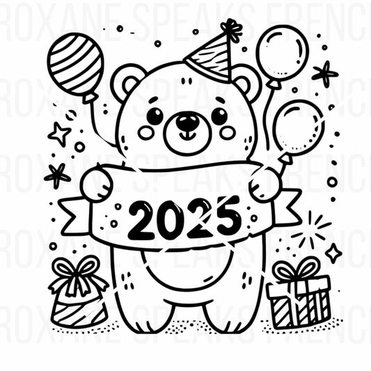 Cute cartoon bear wearing a party hat, holding a "2025" banner with balloons and gifts, perfect for New Year celebration crafts and decorations.