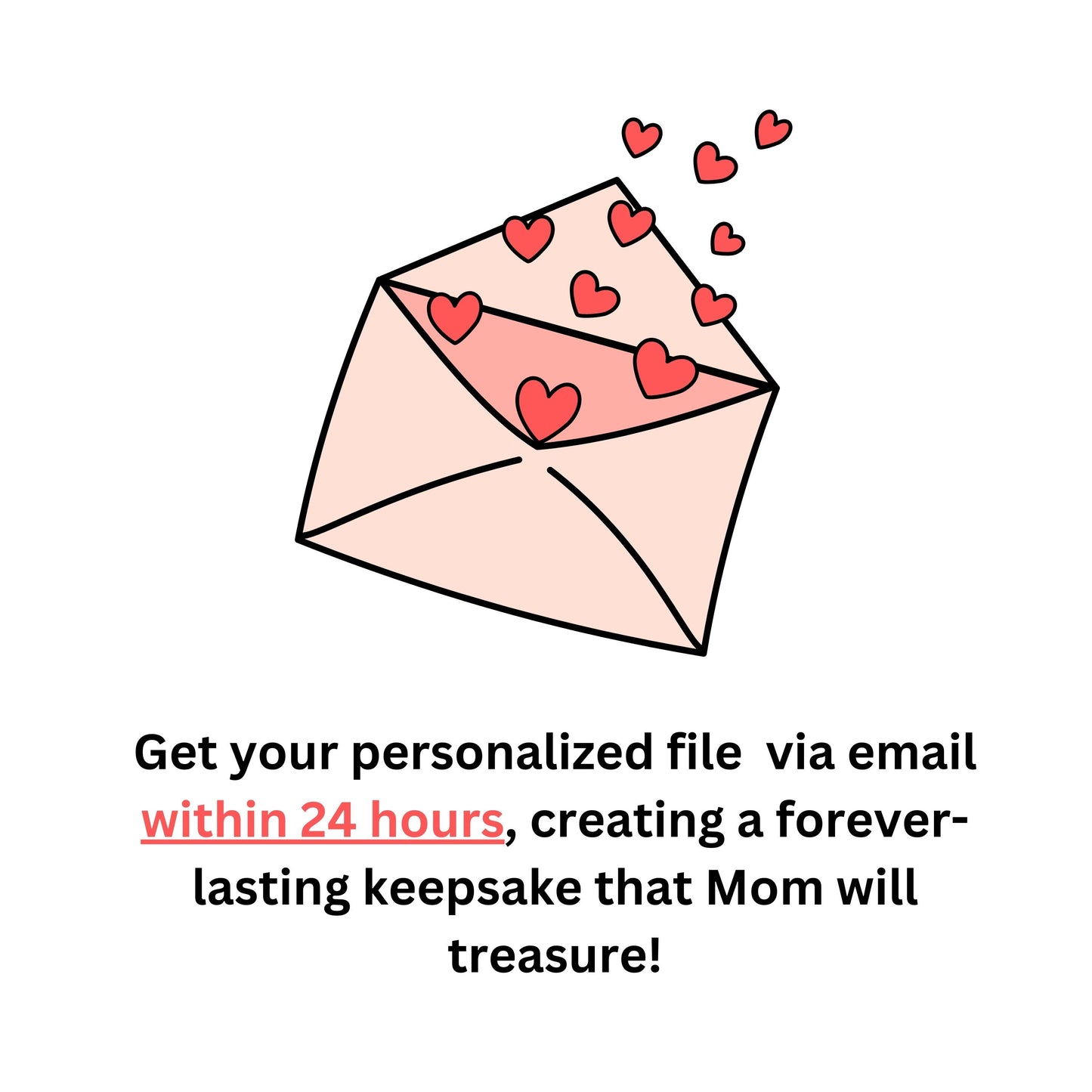 
The image features an illustration of an open envelope with pink and red hearts flowing out of it, symbolizing love or affection. Below the envelope, there's text that reads:
Get your personalized file via email within 24 hours, creating a forever-lasting keepsake that Mom will treasure!"