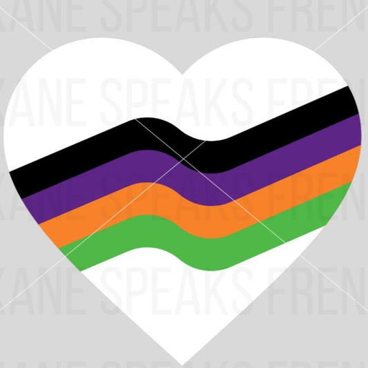 A heart-shaped design featuring bold, wavy stripes in black, purple, orange, and green. The vibrant colors create a striking and festive look, perfect for Halloween-themed projects, digital designs, and crafting.