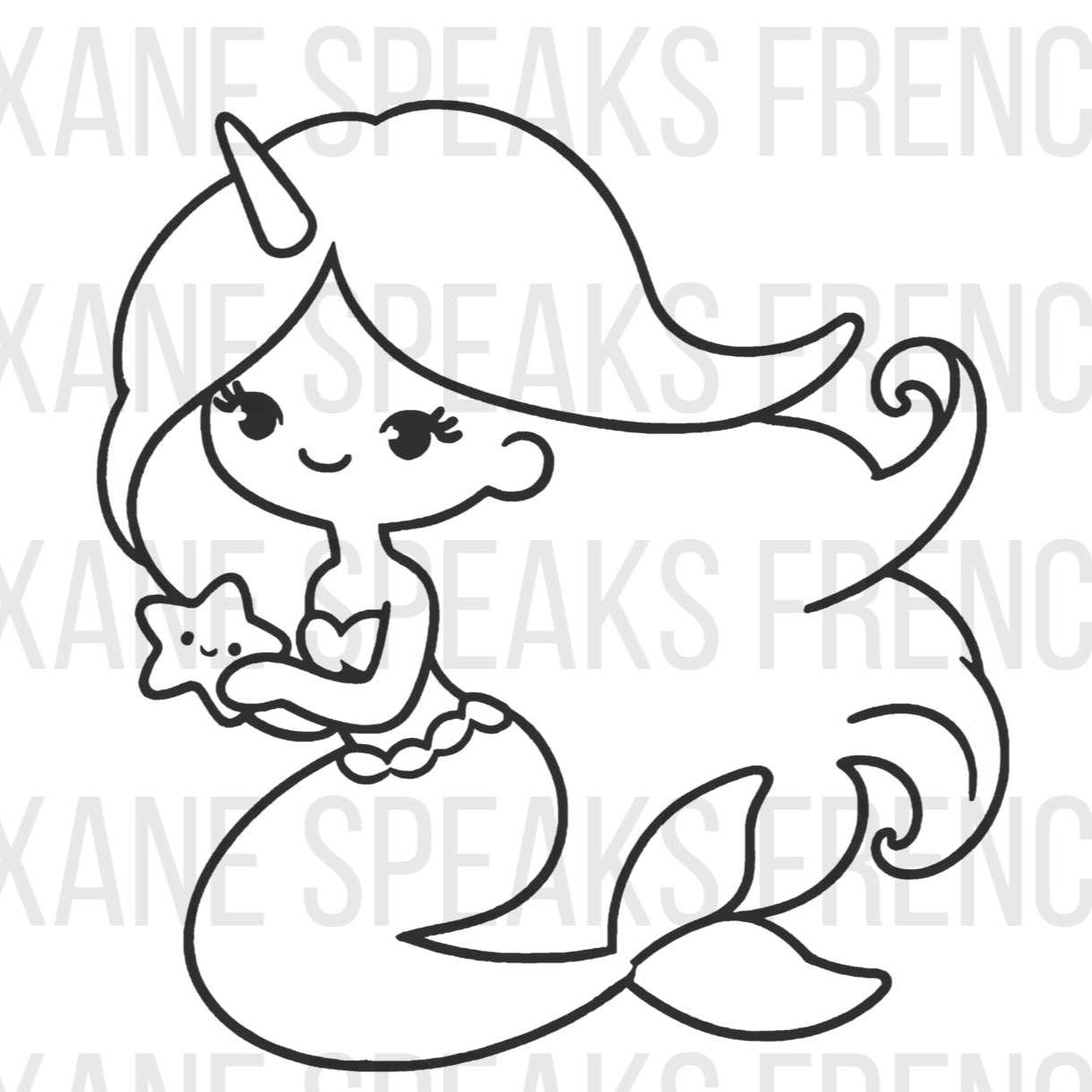 Watermarked outline of a unicorn mermaid holding a starfish, ready for download.