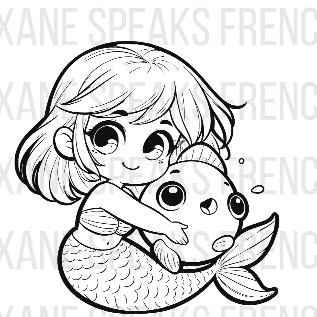 cute Black and white vector illustration of a cute mermaid hugging a large, cheerful fish. The mermaid has a short bob hairstyle and large, expressive eyes. The design features detailed scales on the mermaid's tail and playful expressions on both the mermaid and the fish.