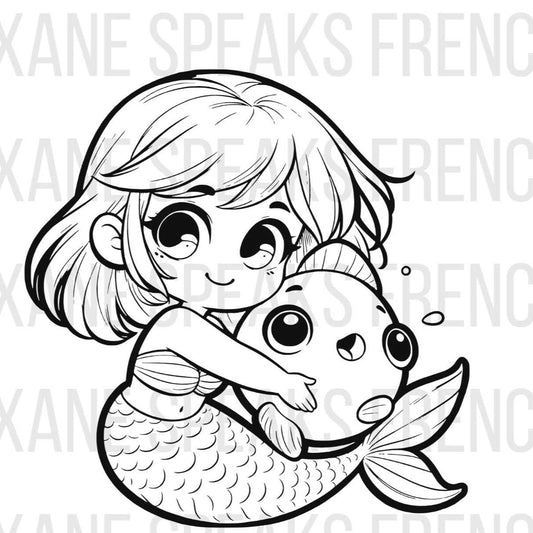 cute Black and white vector illustration of a cute mermaid hugging a large, cheerful fish. The mermaid has a short bob hairstyle and large, expressive eyes. The design features detailed scales on the mermaid's tail and playful expressions on both the mermaid and the fish.