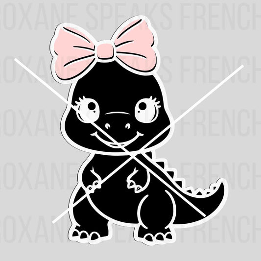  Cute girl dinosaur clipart with a large pink bow, featuring a 3-layer design in SVG and PNG format, ideal for DIY crafts, kids’ room decor, and stickers.