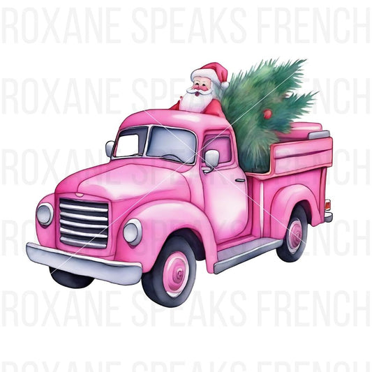 Retro pink truck with Santa Claus driving and a decorated Christmas tree in the back.