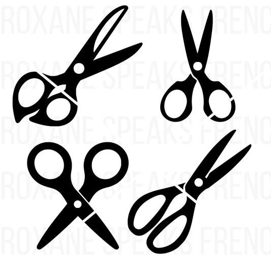 Bundle of four black and white scissors silhouettes, each with a unique style, perfect for crafting projects, scrapbooking, and educational resources