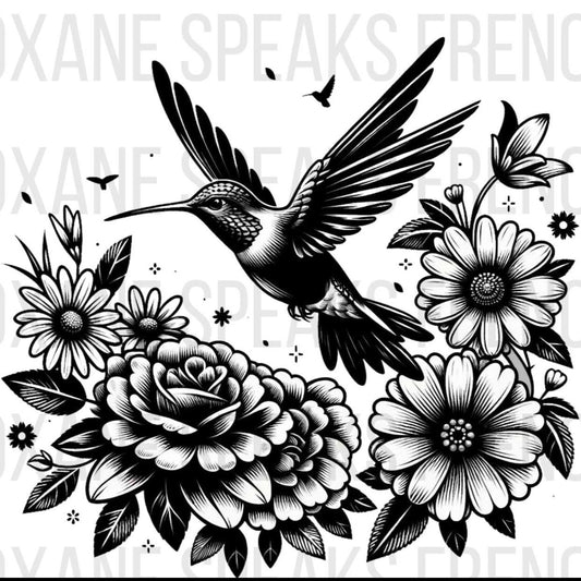 A detailed black and white illustration of a hummingbird hovering above a cluster of flowers. The design features intricate line work and shading, highlighting the delicate features of the bird and the petals of the flowers.