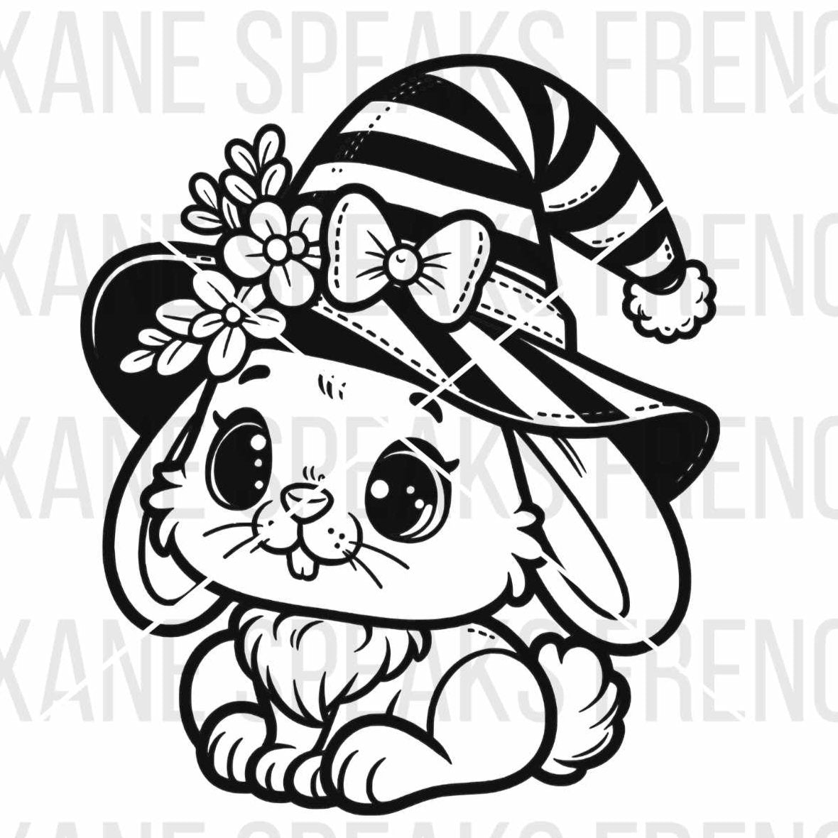 Black and white illustration of a cute bunny wearing a striped Easter hat adorned with flowers and a bow, available in SVG and PNG formats.