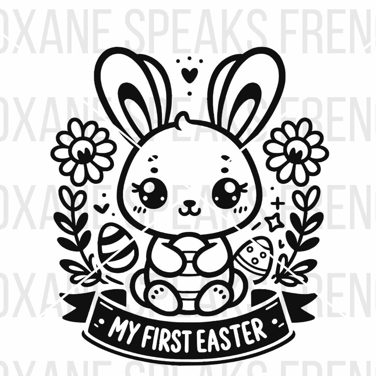 Black and white illustration of a cute bunny holding an Easter egg, surrounded by flowers and a banner that reads 'My First Easter,' available in SVG and PNG formats