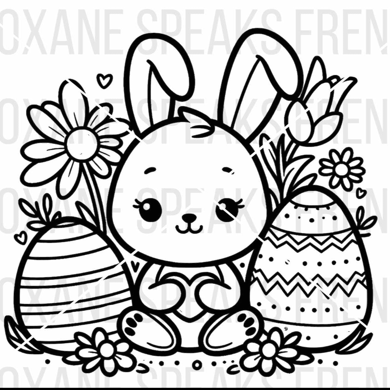 Black and white illustration of a cute Easter bunny surrounded by decorated Easter eggs, flowers, and hearts, available in SVG and PNG formats