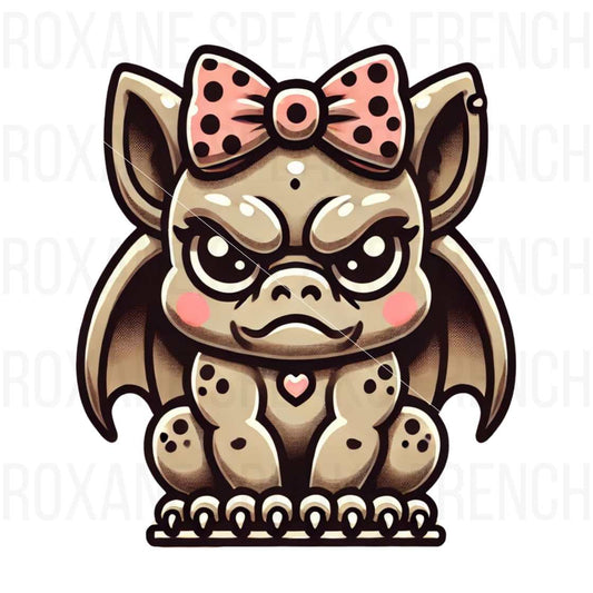 Kawaii-style angry gargoyle clipart featuring a cute yet fierce expression, with a pink polka-dot bow and a heart detail on its chest. The gargoyle has big eyes, small wings, and sits with a determined look.