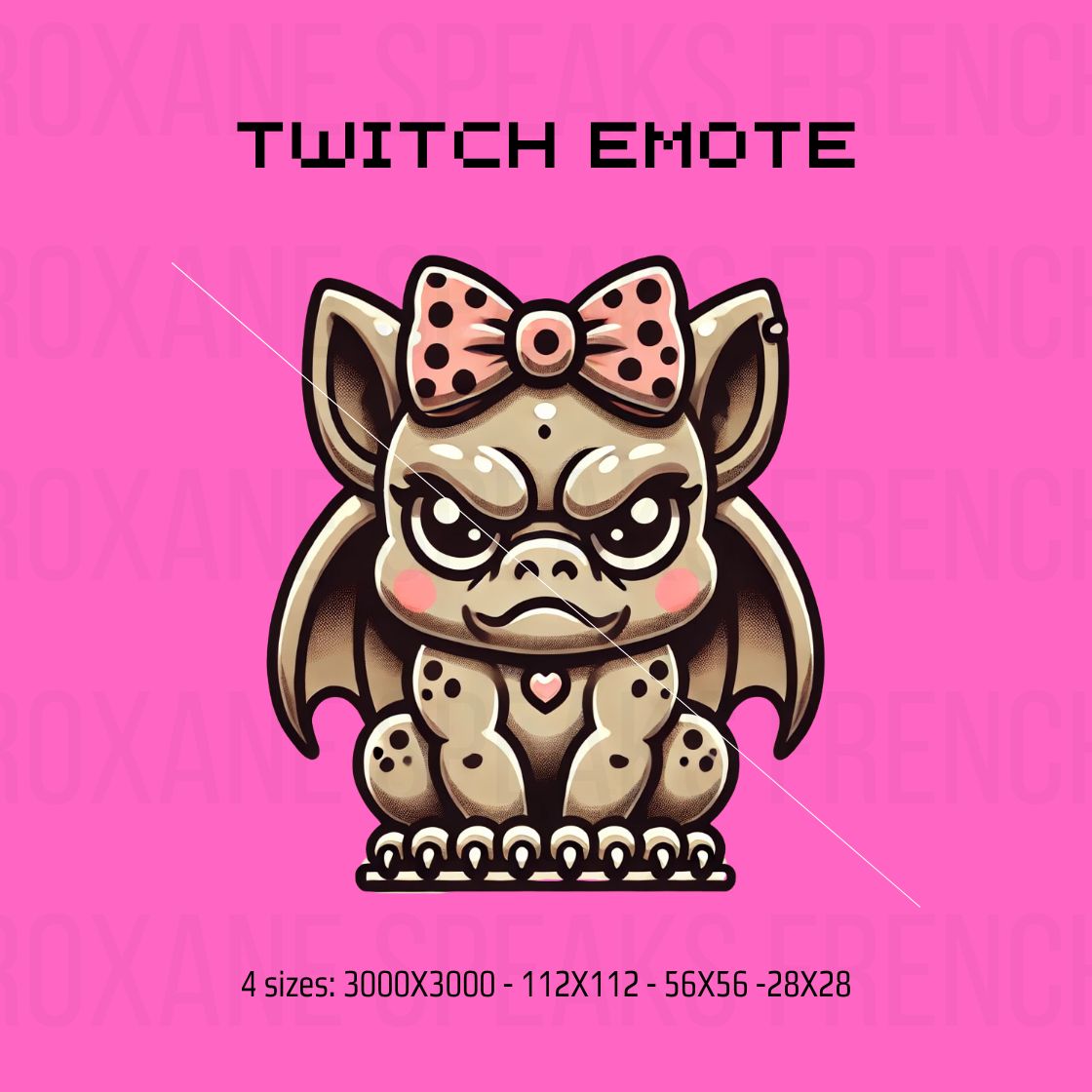 Kawaii-style angry gargoyle Twitch emote featuring a cute but fierce gargoyle with a pink polka-dot bow and a heart detail.