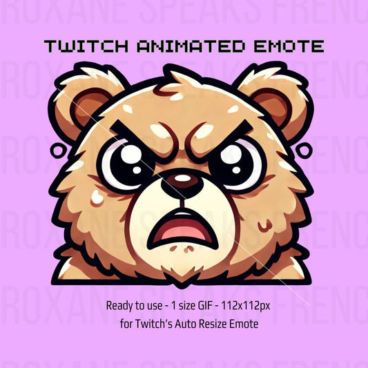 Angry Bear animated Twitch emote GIF in 112x112px, perfect for expressing rage or frustration in Twitch chat. This cute yet fierce bear emote features bold expressions and is optimized for Twitch auto resize, suitable for streamer reactions and channel points rewards.