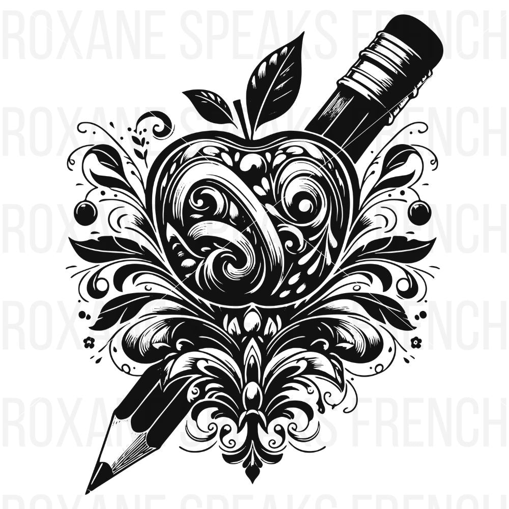 Intricate floral apple and pencil design with swirling details, perfect for teacher-themed crafts, gifts, and decor