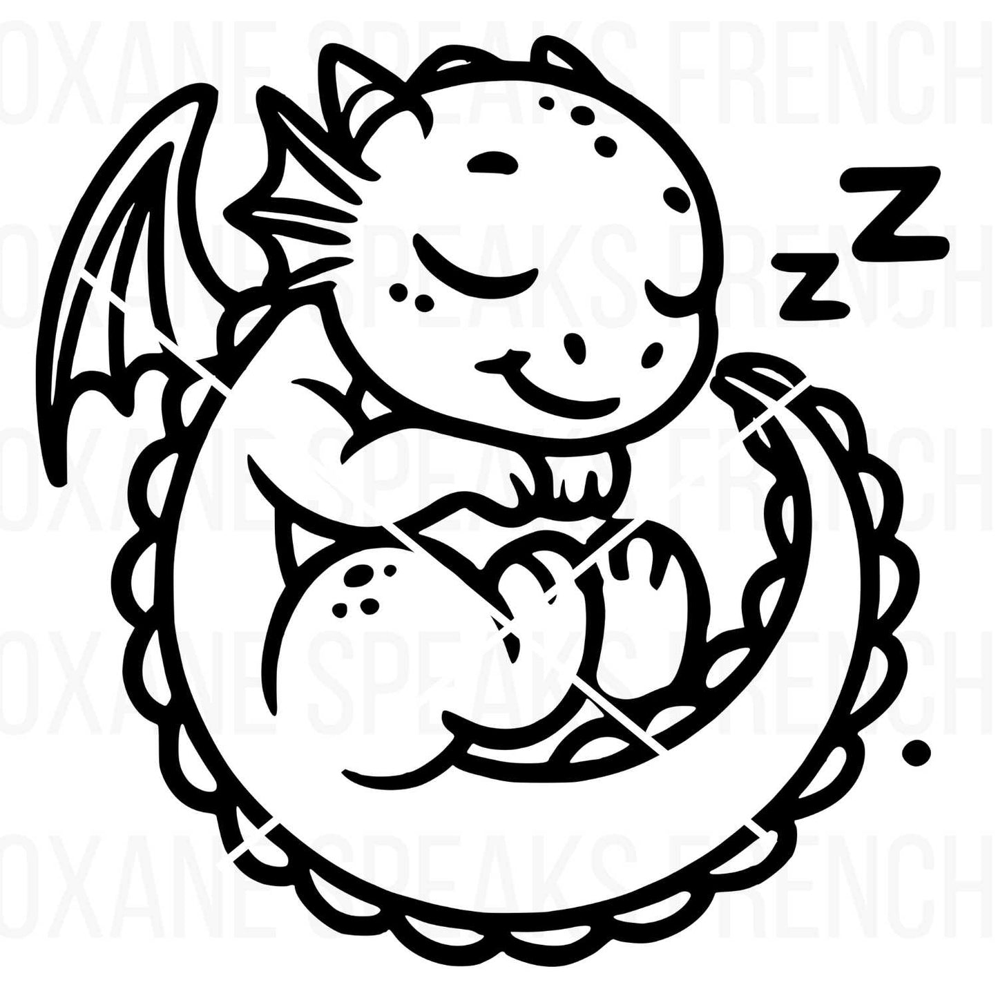 A cute black-and-white cartoon illustration of a baby dragon peacefully sleeping while curled up with its tail. 