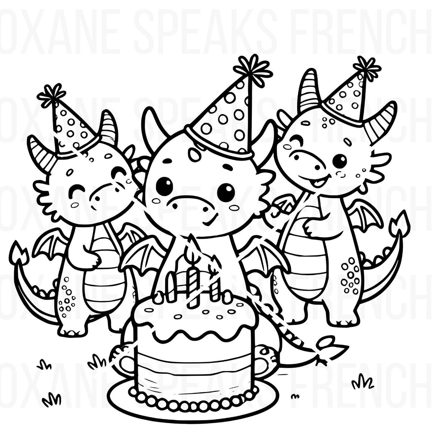 Adorable baby dragons celebrating a birthday with party hats and a cake, outlined in a playful black-and-white style, perfect for coloring or crafting