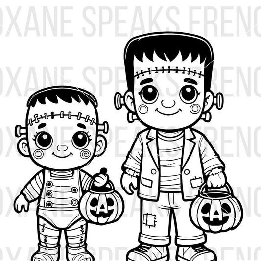 Baby Frankenstein SVG featuring two cute baby Frankenstein characters holding pumpkin baskets.