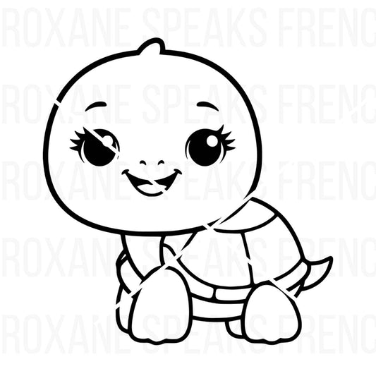 Cute cartoon turtle with a smiling face and simple outline design, ideal for kids' crafts, nursery decor, and DIY projects.