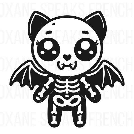 Adorable black and white kawaii skeleton bat illustration with large eyes, tiny fangs, and skeleton details, featuring wings in a cute, spooky Halloween style