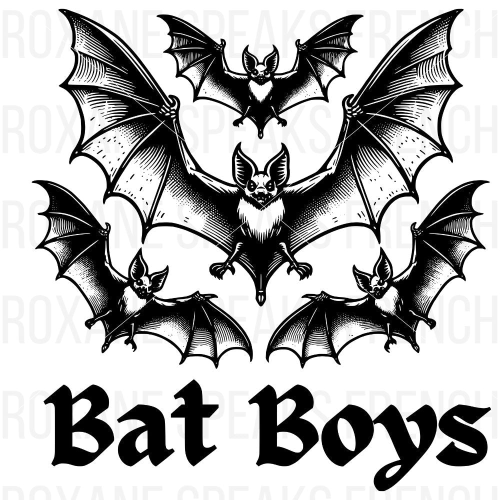 A detailed black illustration of three playful bats flying above the text "Bat Boys," perfect for Halloween-themed Cricut projects.