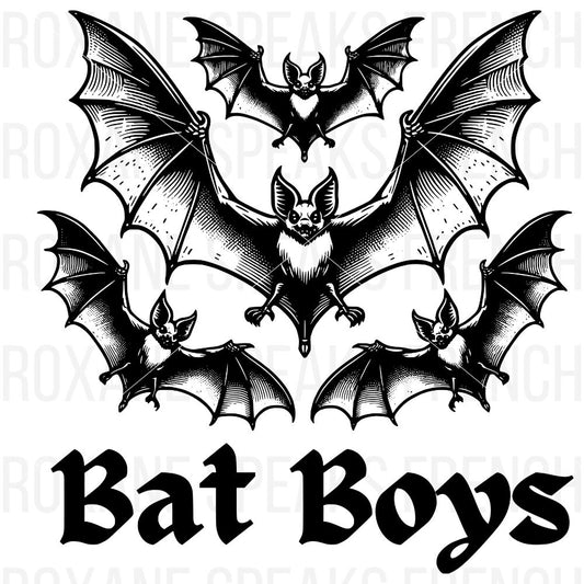 A detailed black illustration of three playful bats flying above the text "Bat Boys," perfect for Halloween-themed Cricut projects.