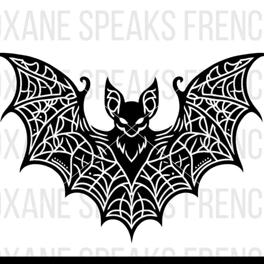 A detailed black and white illustration of a bat with intricate web-like patterns on its wings. The design features bold, clean lines and a symmetrical composition, available in SVG and PNG formats, suitable for various crafting and DIY projects.