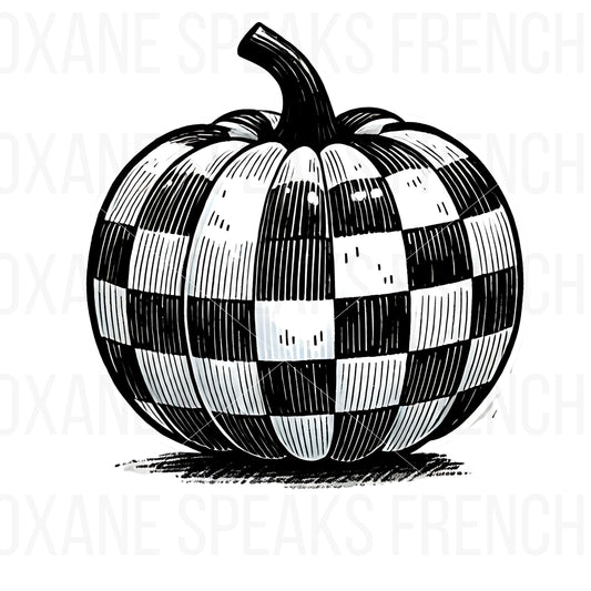 Black and white checkered pumpkin illustration with a classic pumpkin shape and bold, textured pattern, perfect for fall and Halloween-themed designs.