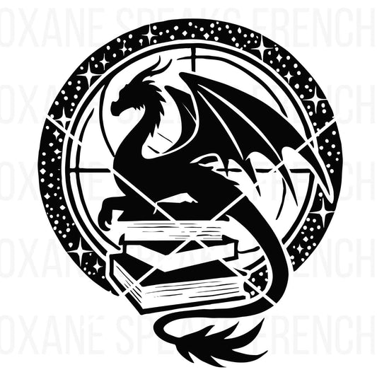 Elegant black silhouette of a dragon perched on a stack of books, surrounded by a celestial circular frame with stars. Ideal for crafting, fantasy-themed designs, and DIY projects