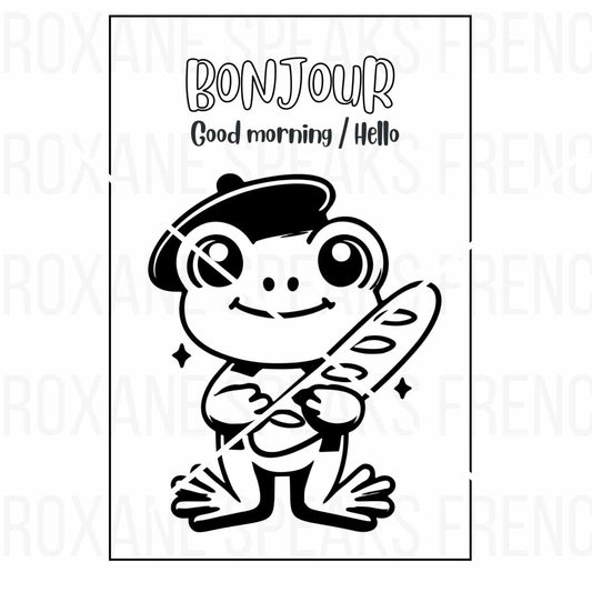 "Bonjour" French language coloring page featuring a cute frog with a beret holding a baguette, perfect for teaching kids basic French greetings.