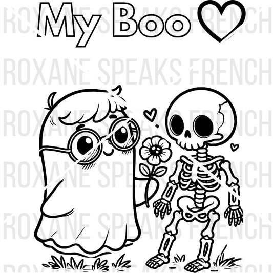 Cartoon ghost and skeleton coloring page with 'My Boo' text and heart.