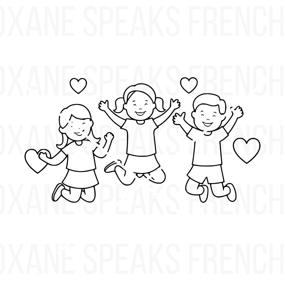 Outline illustration of happy kids jumping with hearts, perfect for crafting, family-themed projects, and DIY decor.