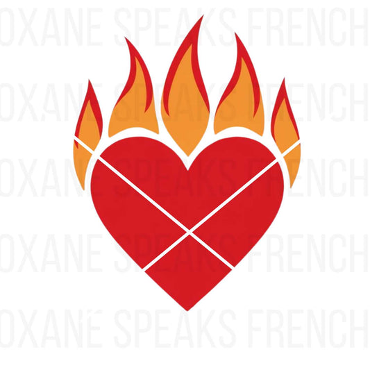 A bold red burning heart with vibrant orange flames rising above it, symbolizing passion and energy