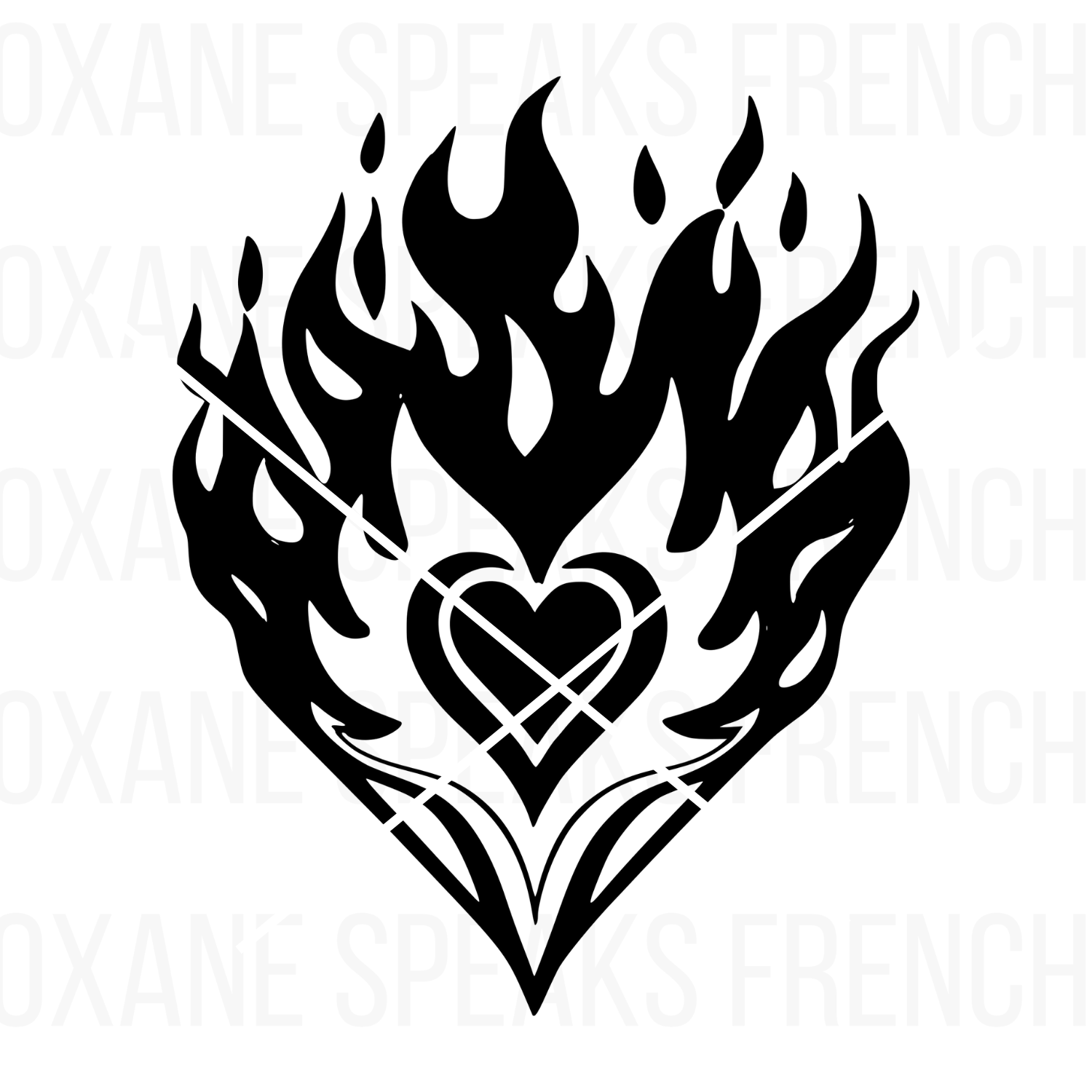 Burning Heart PNG SVG Clipart Tattoo featuring a bold black heart with intricate flames and tribal-inspired details, perfect for tattoo designs and crafting projects.