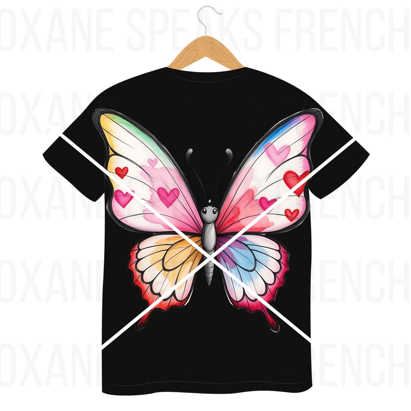 A colorful watercolor butterfly with vibrant rainbow wings, adorned with pink and red hearts, displayed on a black t-shirt mockup.