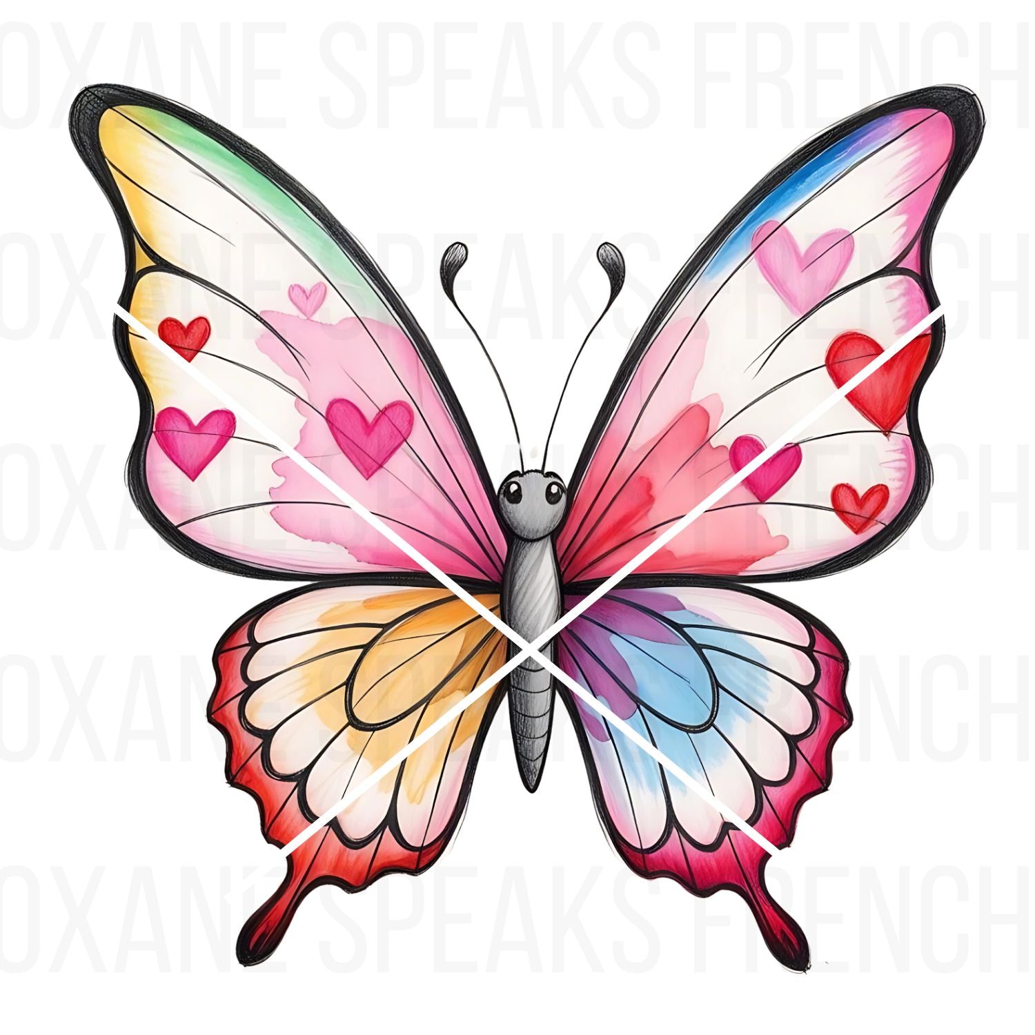 A colorful watercolor butterfly with rainbow gradient wings, featuring pink and red heart details, set against a white background.