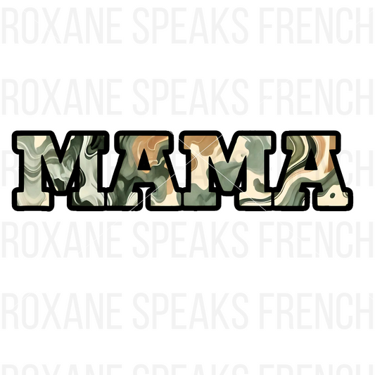 A stylish camouflage typography design that reads "MAMA," ideal for Cricut and sublimation projects.