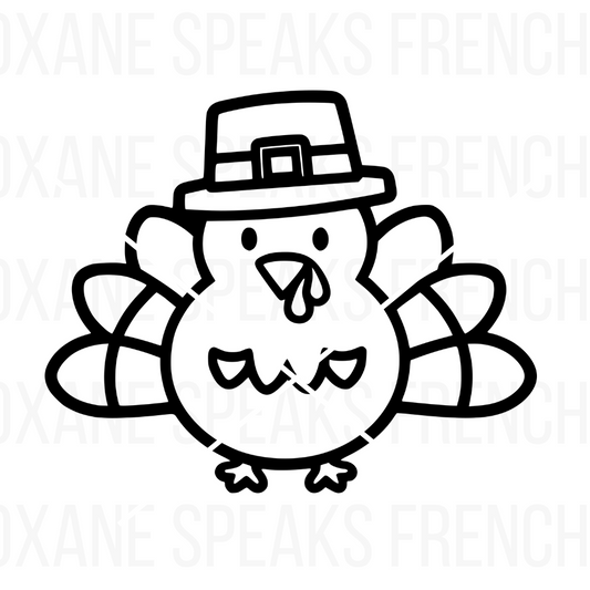 Cartoon Thanksgiving turkey wearing a pilgrim hat with a playful expression, outlined in a simple style. Great for holiday crafts, Thanksgiving decor, and kids' projects.