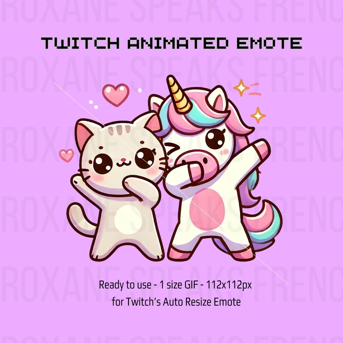 Cute animated GIF of a cat and unicorn dabbing with hearts and sparkles, perfect for Twitch emote.