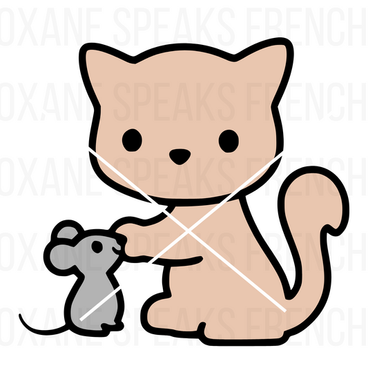 Adorable cartoon-style illustration of a cat and mouse interacting, featuring clean black outlines and layered design, perfect for crafting, DIY projects, and Cricut creations.