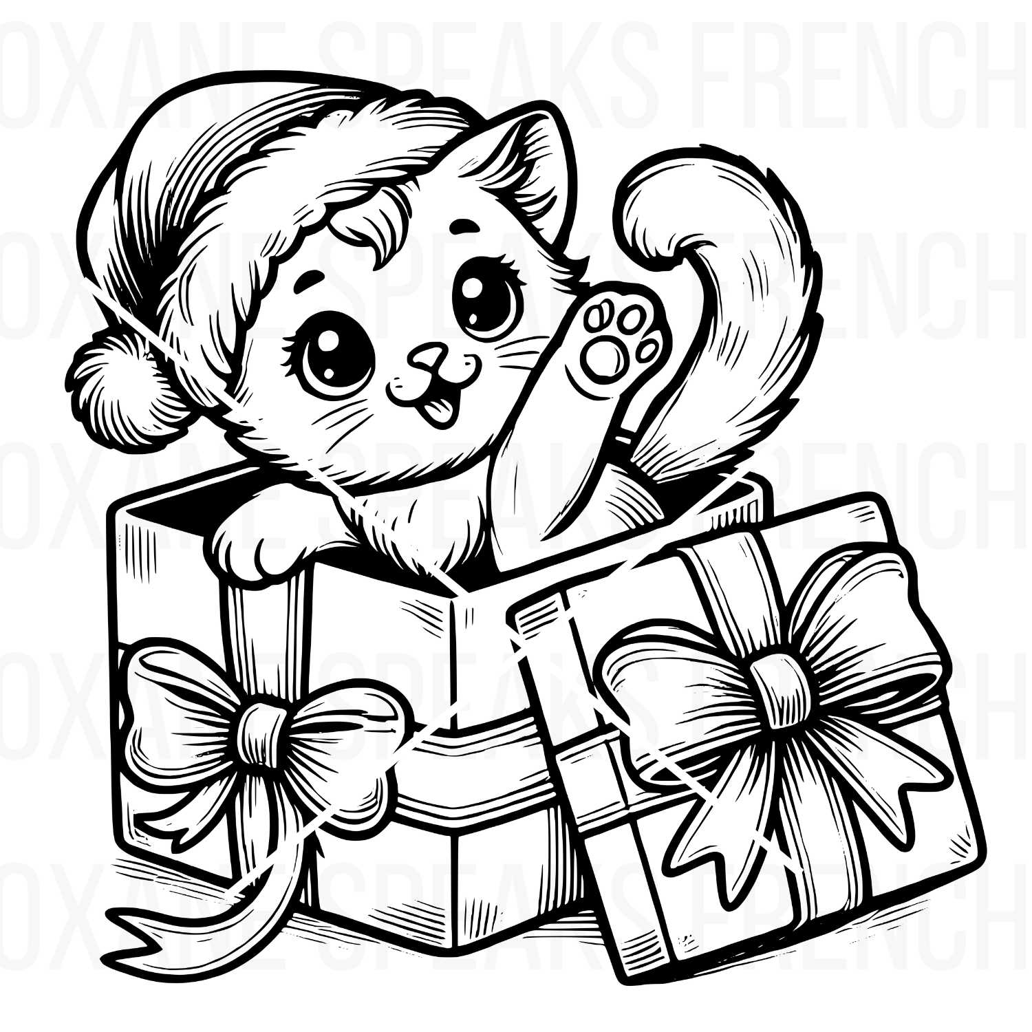 Adorable cat wearing a Santa hat peeking out of a Christmas present with ribbons and bows, designed with clean black outlines. Perfect for festive crafts and holiday-themed projects.