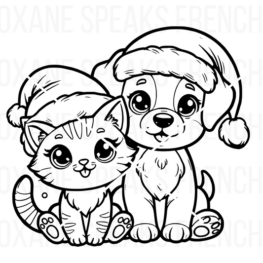 Charming silhouette illustration of a cat and dog sitting together with festive Christmas accents, perfect for holiday-themed crafting and DIY projects