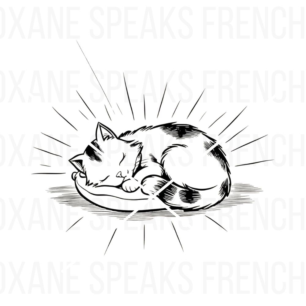 Black-and-white outline of a cat sleeping on a pillow, surrounded by rays of light, designed as a relaxing and fun cat nap coloring page.