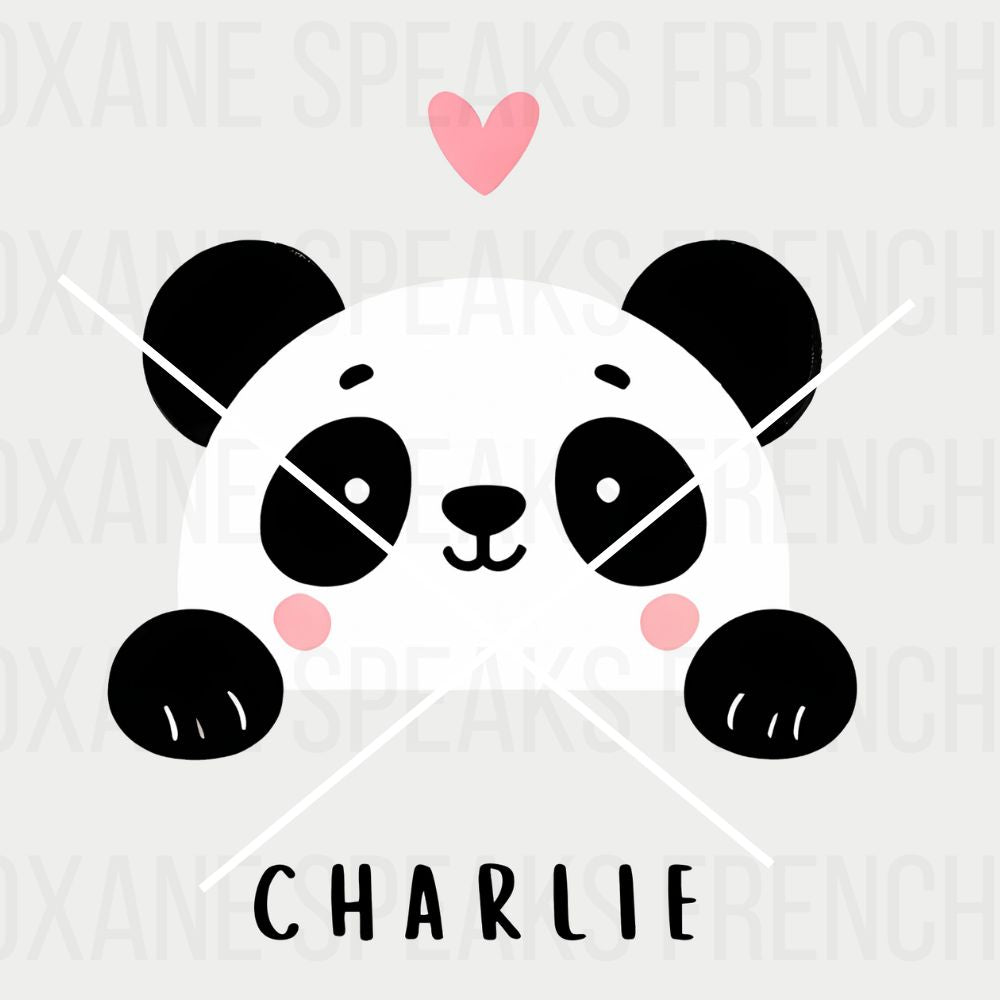 Cute panda illustration wall art featuring a personalized name 'Charlie' with a heart above, perfect for nursery or children's decor.