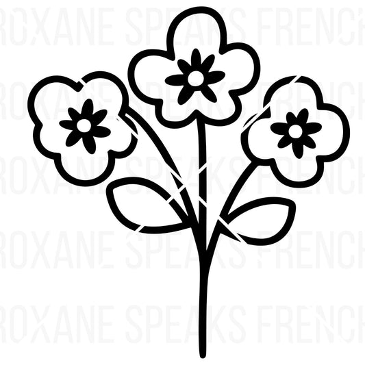 Stylized black and white clipart of three cherry blossom flowers with a central stalk and leaves, designed in a simple and elegant line art style, ideal for various crafting projects