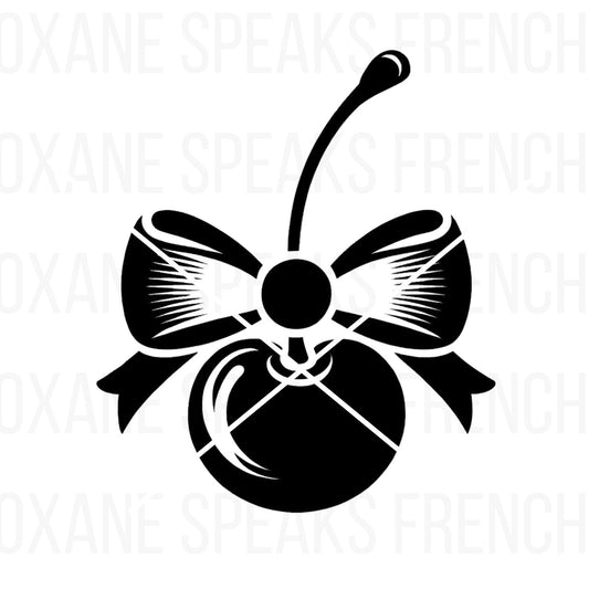 Cherry with Bow SVG PNG Clipart featuring a detailed black silhouette of a cherry with an elegant bow, ideal for crafting and print-on-demand projects.