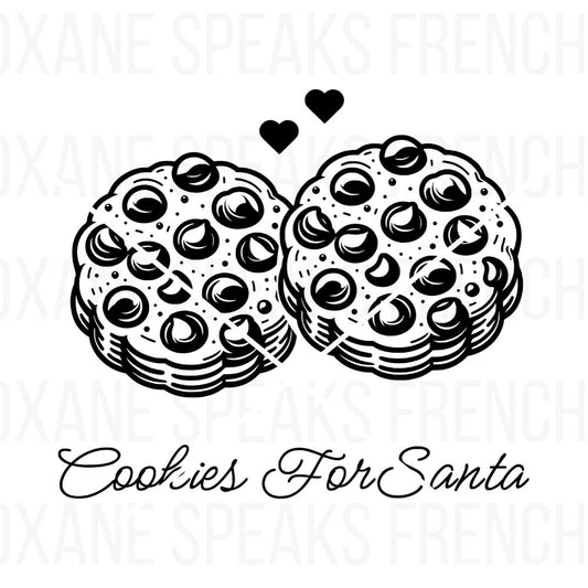 Festive illustration of two chocolate chip cookies labeled "Cookies for Santa," ideal for Christmas crafts, holiday decor, and seasonal DIY projects.