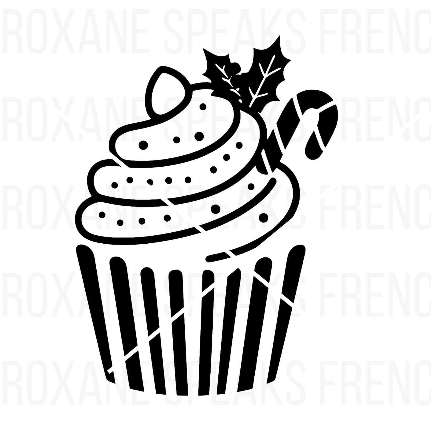 Black outline Christmas cupcake SVG with candy cane and holly leaves, perfect for holiday-themed DIY projects and crafting.