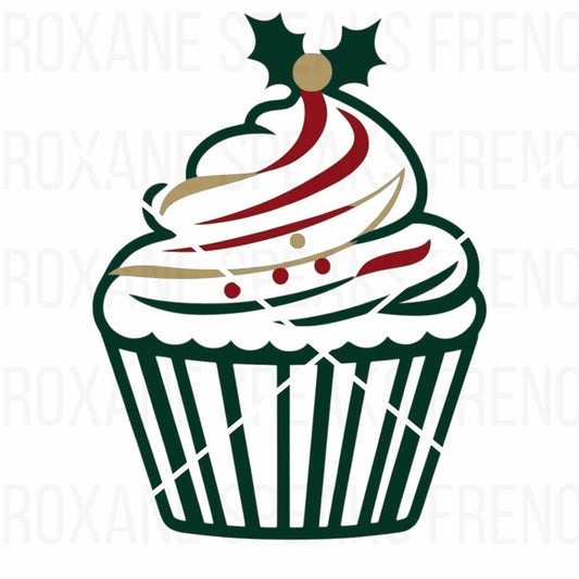 Festive Christmas cupcake illustration with swirled frosting, red and gold accents, and a holly sprig on top, perfect for holiday-themed designs and crafts.