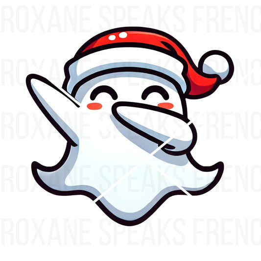 Playful dabbing ghost clipart wearing a Santa hat, perfect for adding fun to Christmas-themed crafts and decor